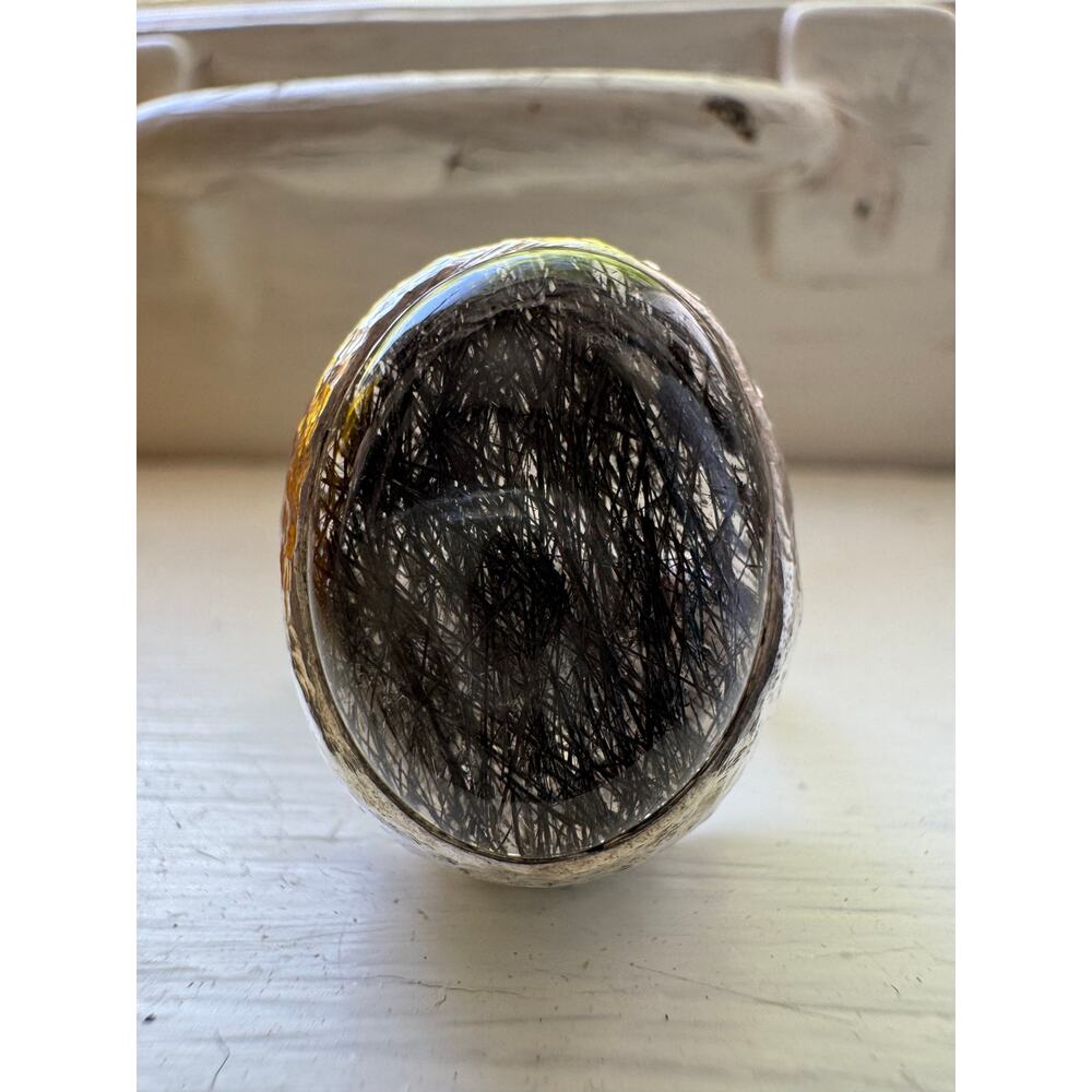 Black Rutilated Tourmalinated Quartz Cabochon Sterling 925 Silver Ring US Sz 8